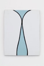 An enamel painting with white, pale blue, and black lines