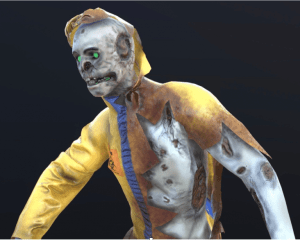 Video still from Late Heavy Bombardment featuring zombie figure in ripped and burned hazmat suit with partial skull face and glowing green eyes