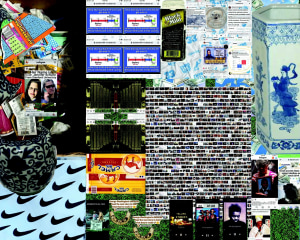 A digital collage of varied screenshots aggregated by the artist, including traditional ceramic pottery, Nike swoops, memes, and logos.
