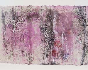 A mixed media, web-looking abstract image with white and black tendrils on a purple and pink background