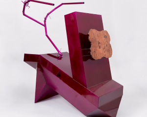 A large fuchsia sculpture made out of aluminum, with scorpion-like stinger and a face made of polished wood