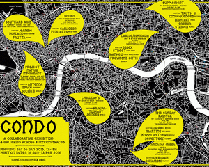 A graphic map of London in black, yellow, and white. There are text bubbles with each gallery's name and exhibiting artists.
