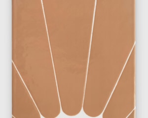 An enamel painting that looks like a sunbeam in white and orange tones