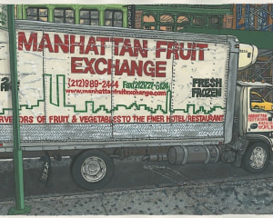 Drawing of Manhattan Fruit Exchange delivery truck on city street