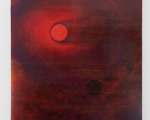 A painting on canvas with a central red circle, and a darker circle beneath it, at right. The canvas is predominantly red, maroon, and black. There appears to be a faint horizon line but there are also tufts of other forms that could be clouds in the bottom half of the canvas.