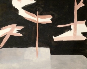 An abstract painting of telephone poles on a plane, mostly black, grey, beige, and red tones