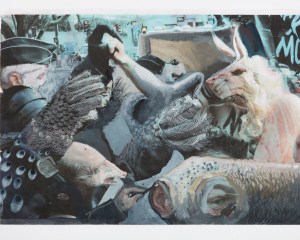 An image from a newspaper that has elements of collage and paint over it. The image depicts animal-hybrids layered upon one another. There is an rabbit face, textured areas that resemble feathers or scales, an anteater head, and others.