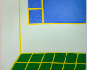 An image of an abstracted interior with green floors, a blue square and yellow definition lines