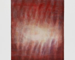 A painting on canvas that is predominantly red, with a burst of light seemingly coming from the center of the canvas. There are some striations horizontally.