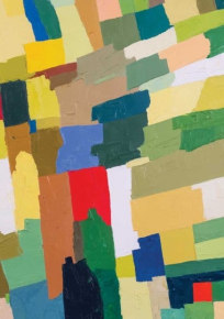 An excerpt of a painting by Etel Adnan, which includes blocks of red, green, yellow, white, blue, and brown