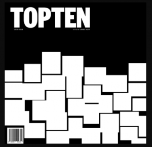 The cover of "Top Ten 2008-2018," which is black and white, with the title in Artforum font in white and blocks of white at the bottom half of the cover.