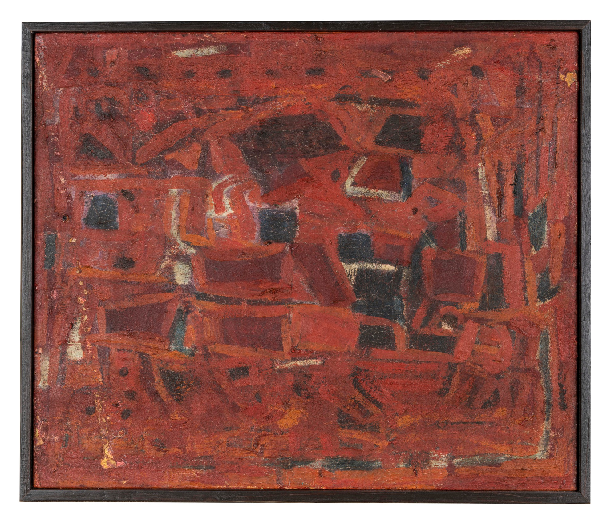 Abstract painting with red background and complimenting shapes and colours overtop.