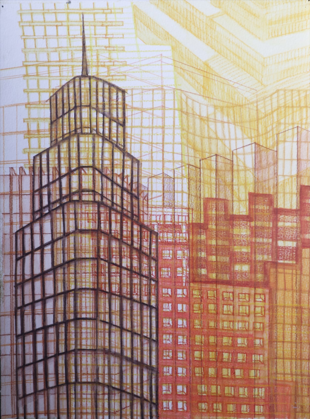 Pastel and watercolour drawing of city scape in shades of orange, red and yellow.