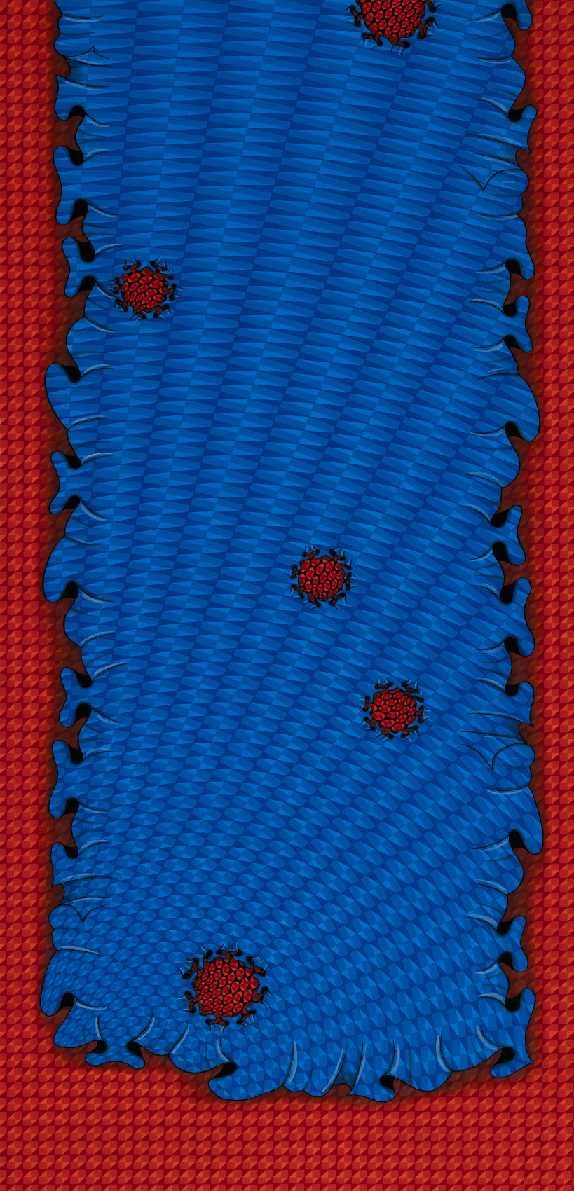 Abstract painting of blue on red with swirling lines and bullet holes