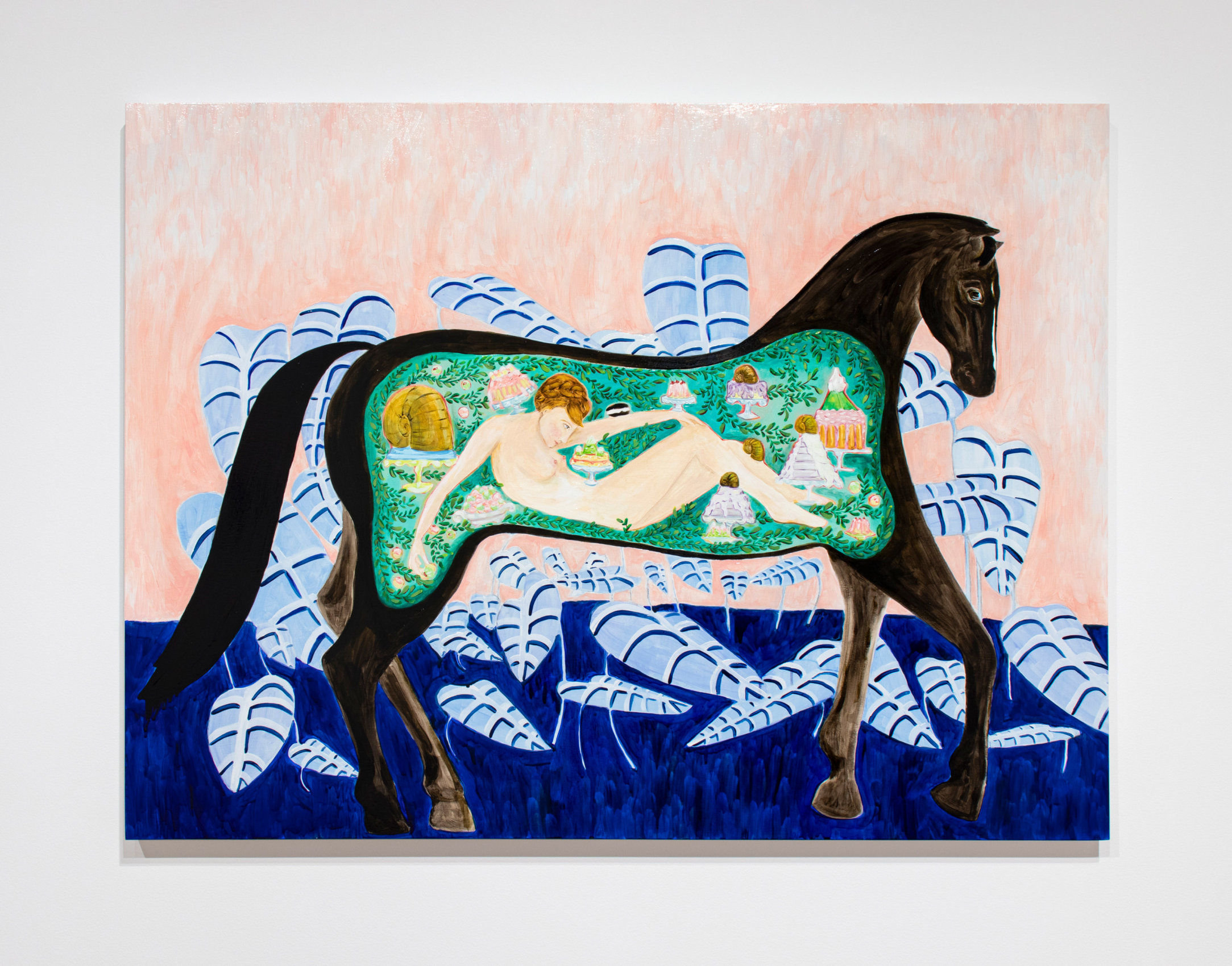 Painting of a woman inside the belly of a horse eating cake and other sweets