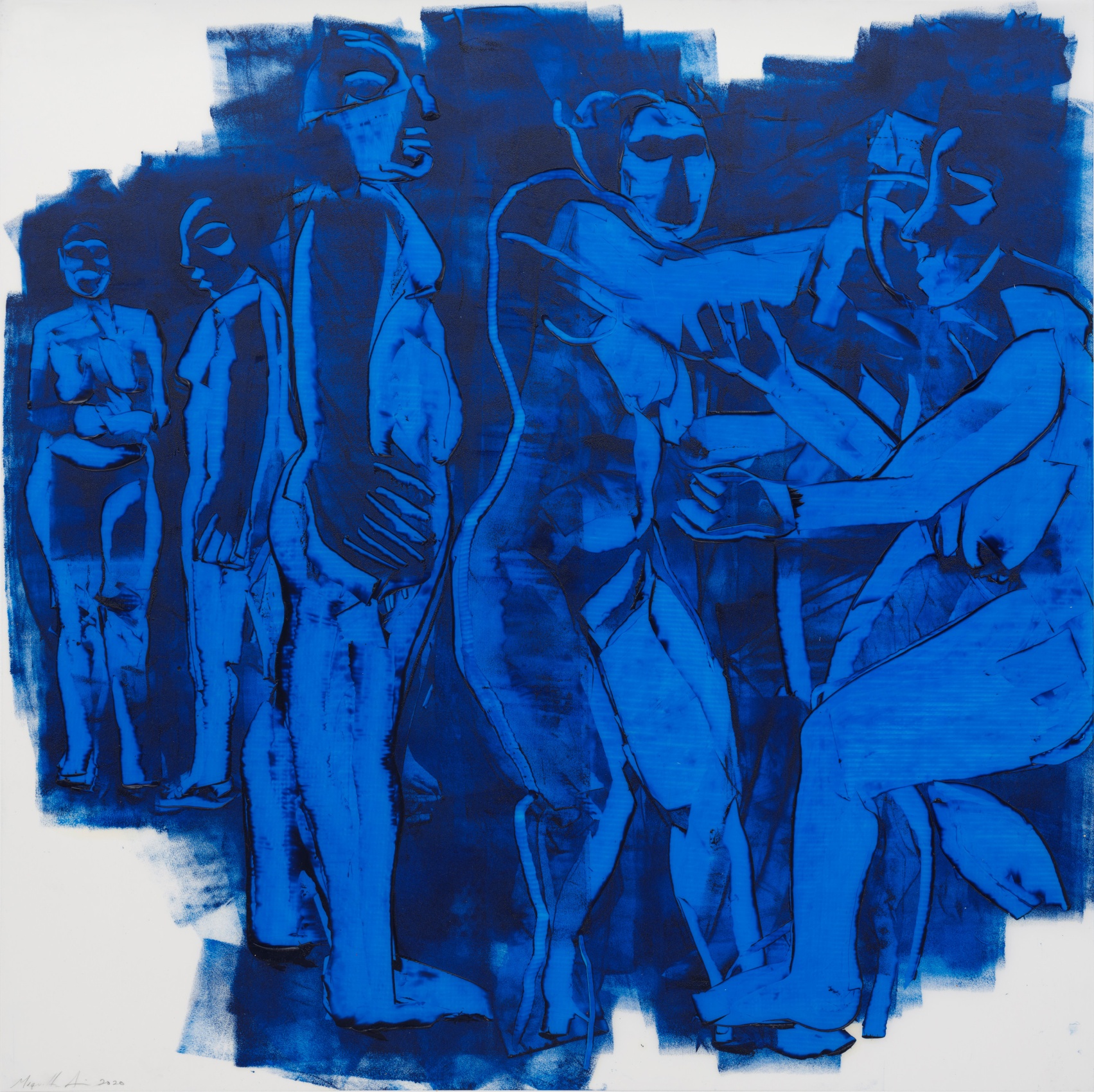 Mequitta Ahuja, Trial&nbsp;II,&nbsp;2020,&nbsp;Oil on polyester drafting film,&nbsp;36 x 36 in