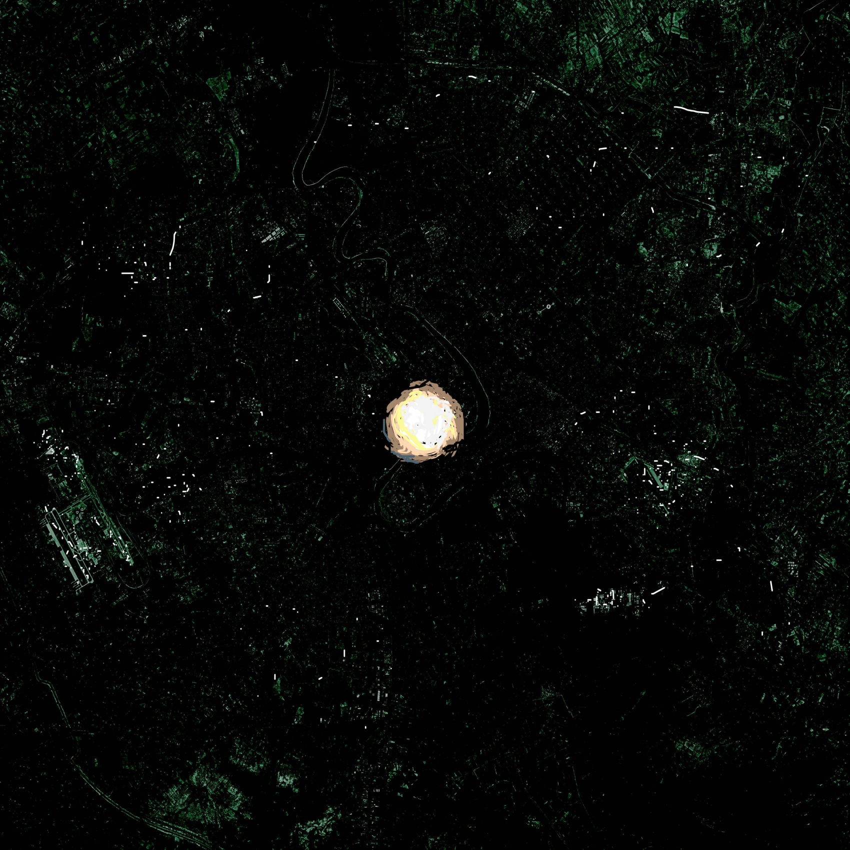 Lenticular print of a bomb exploding over the Euphrates River at night