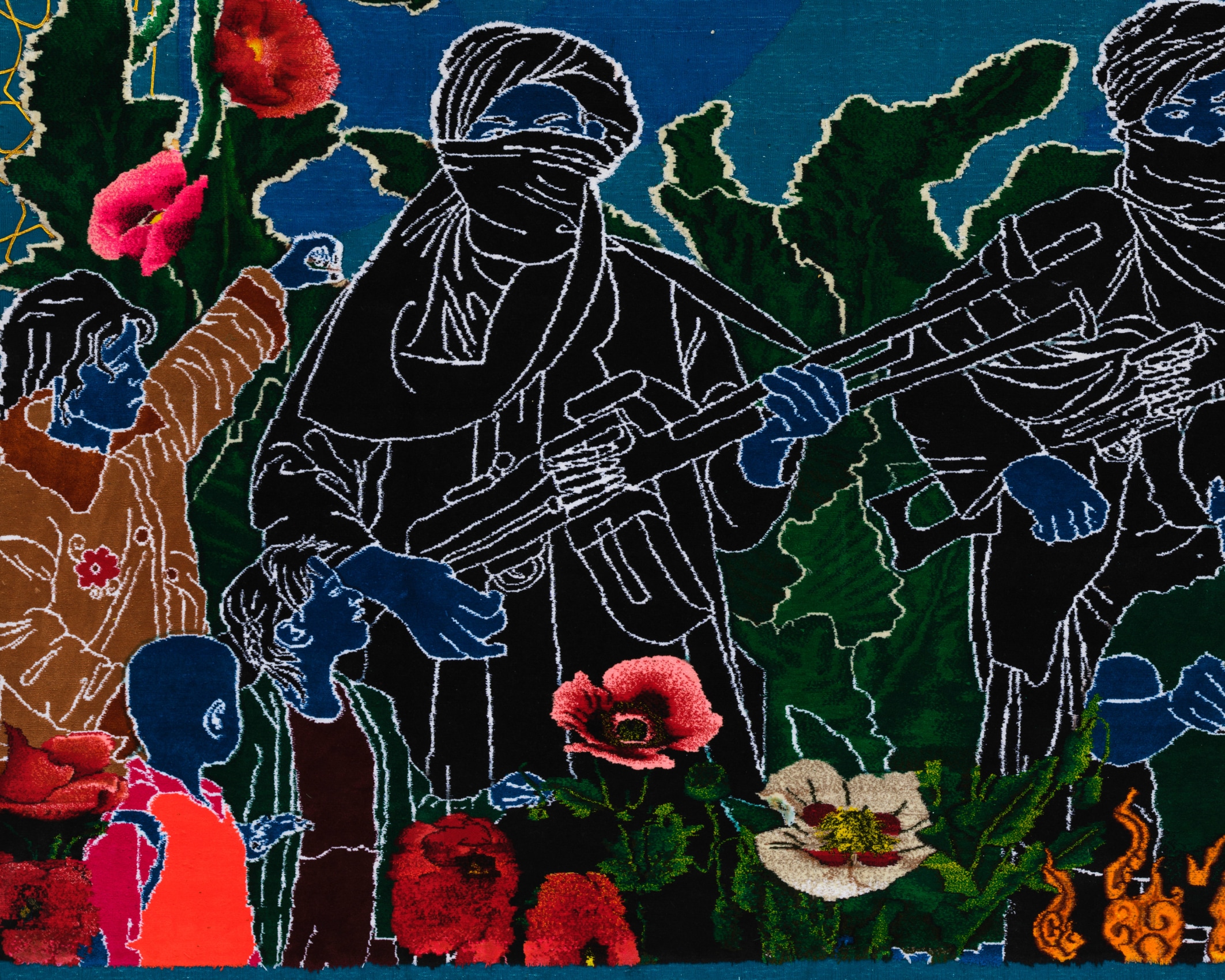 Khadim Ali, Tell Us, You Tell Us,&nbsp;2020,&nbsp;Hand-woven wool rug,&nbsp;112.5 x 79.5 in (detail)