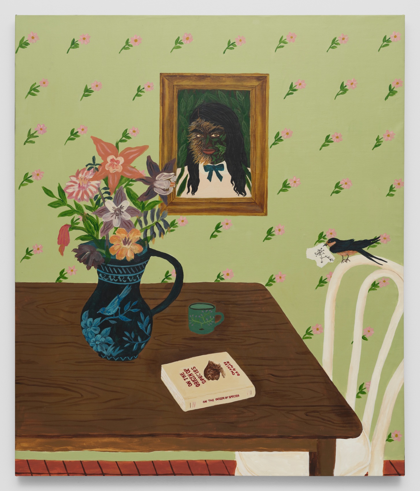 Domestic interior still life with an image of Sanbras as a hybrid human-animal.