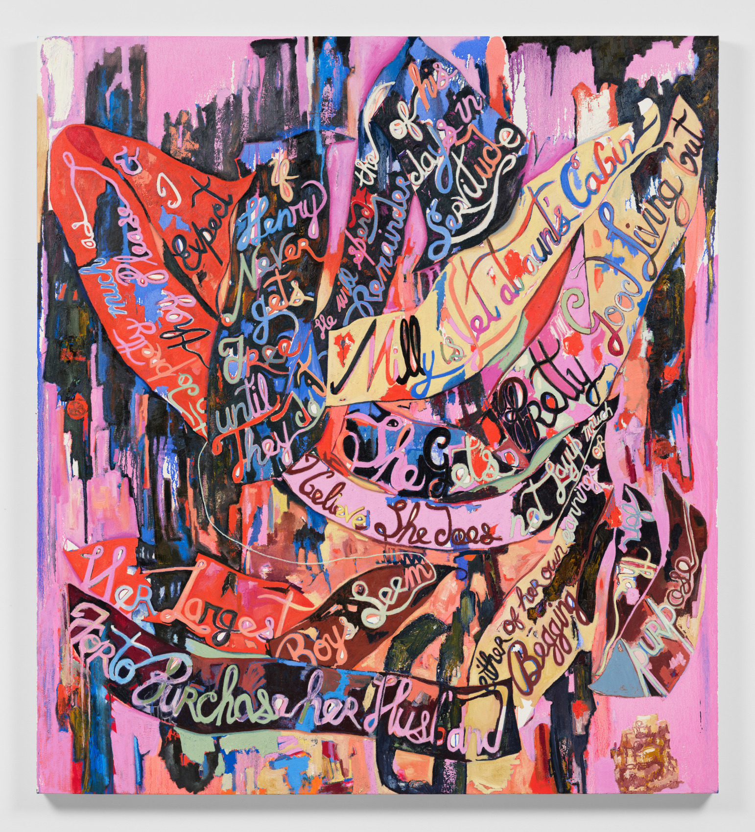 Painting of text scrolls with phrases taken from a letter about the artist's ancestors