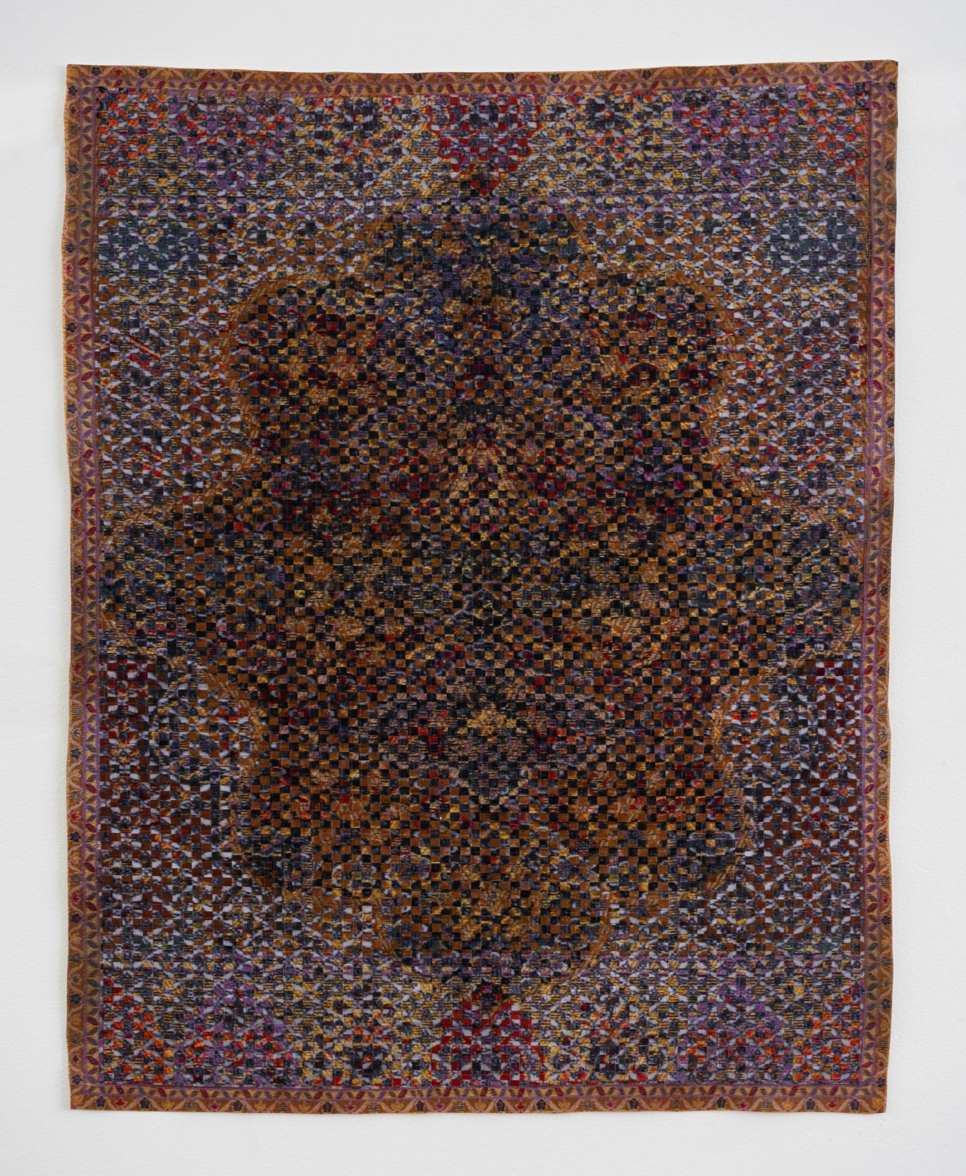 Woven paper artwork reminiscent of an oriental rug and stained glass windows