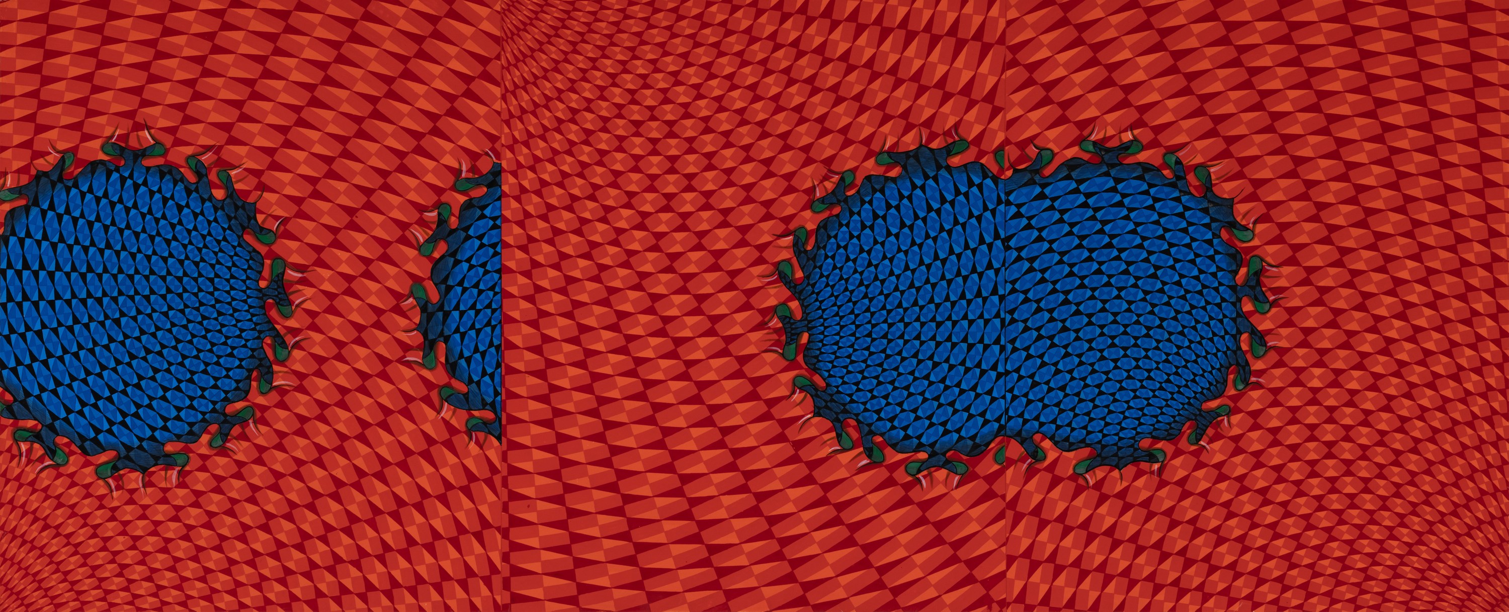 Abstract painting of a geometric vortex with holes