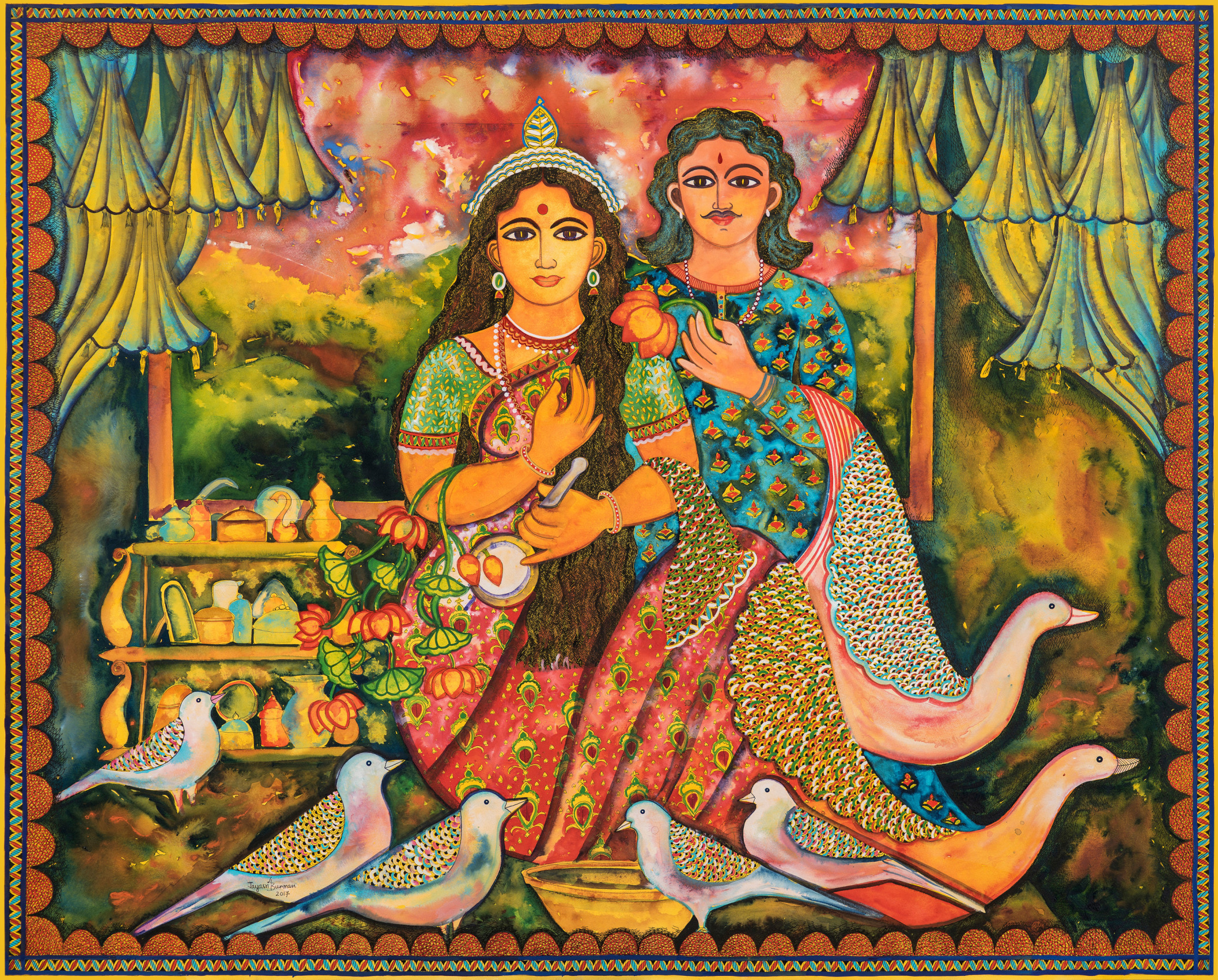 Jayasri Burman, Draupadi and Nakul, 2017, Watercolor, pen and ink on paper, 48 x 60 in