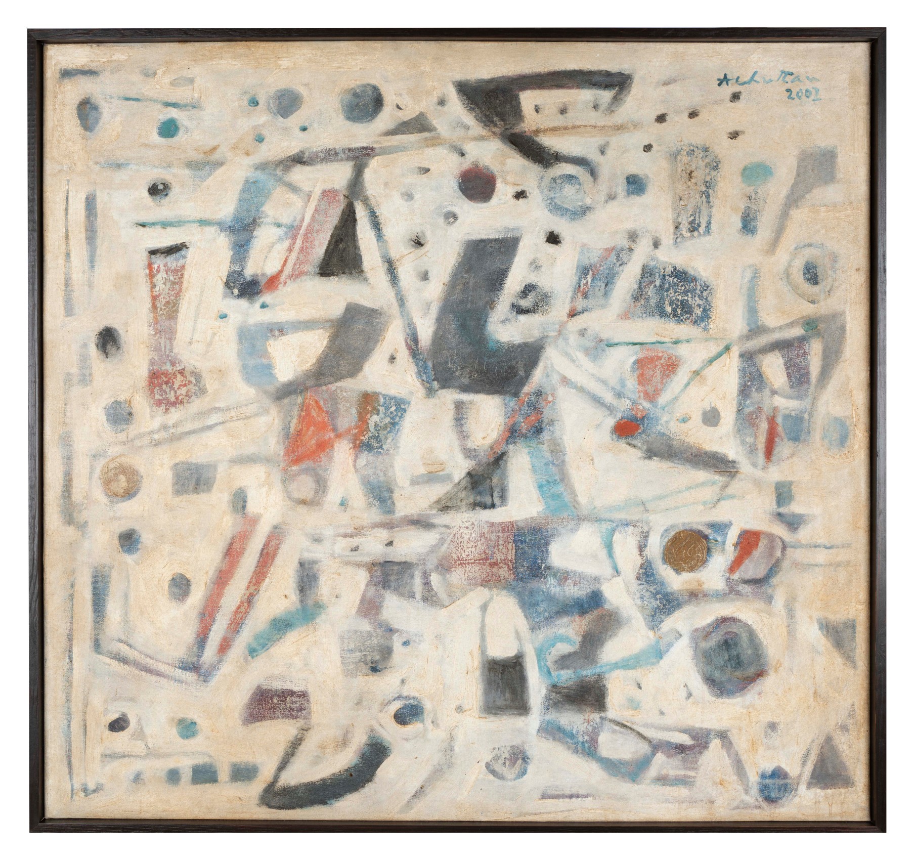 Abstract painting with white background and complimenting shapes and colours overtop.