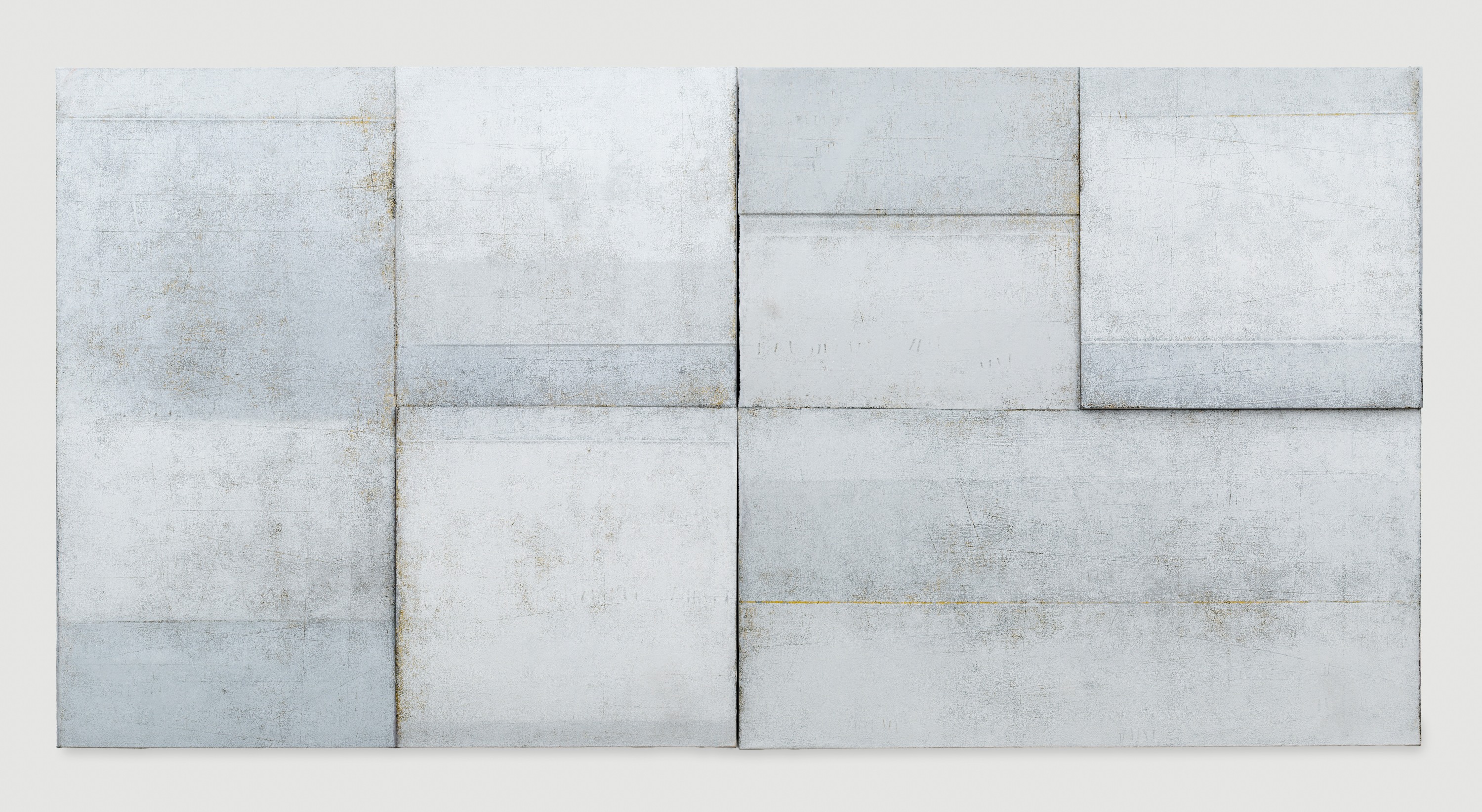 Abstract color filled painting in tones of white and grey color with black vertical and horizontal lines