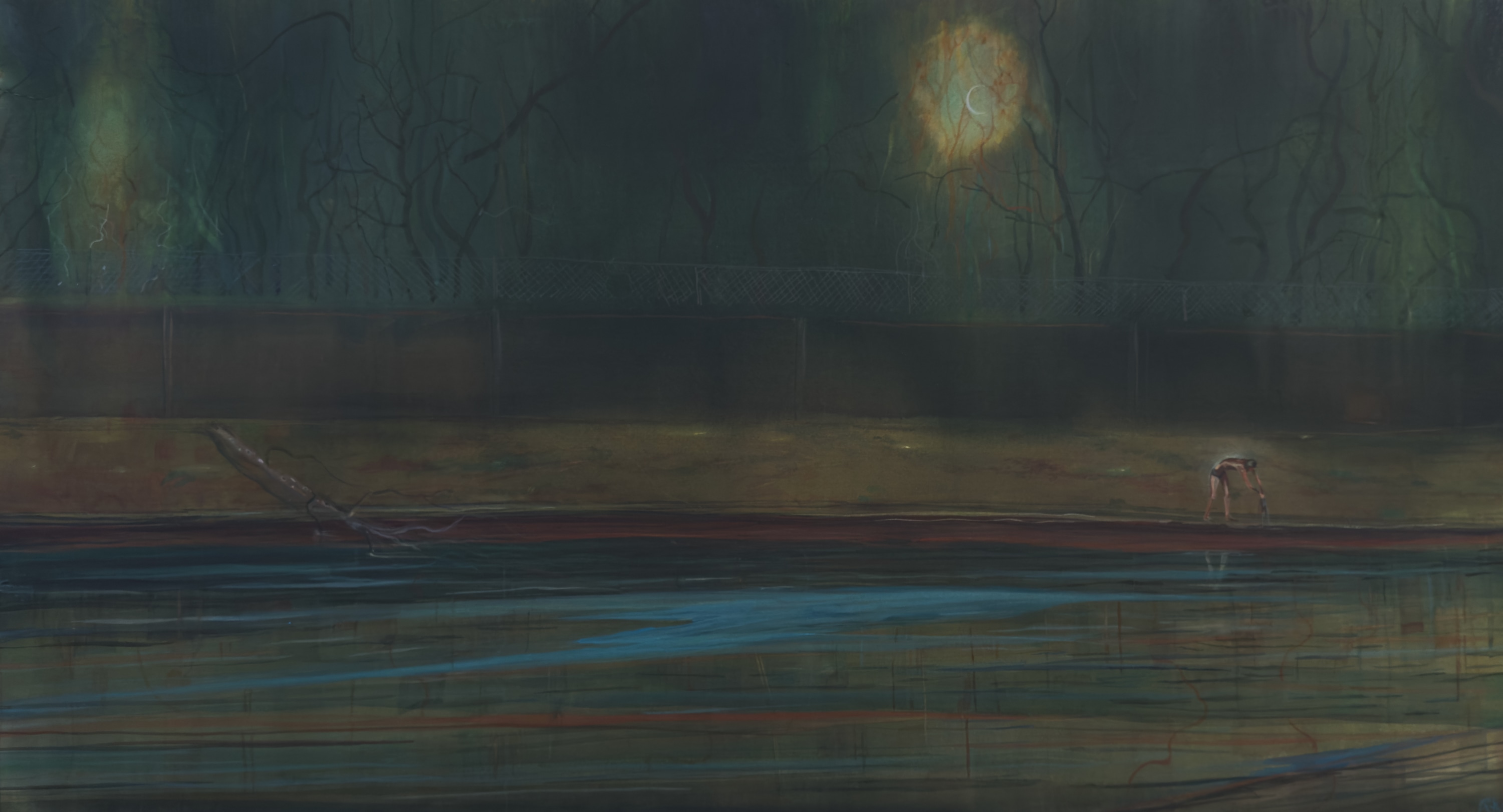 Painting of landscape and a human figure in dark pastel tone of blue, green. yellow and brown