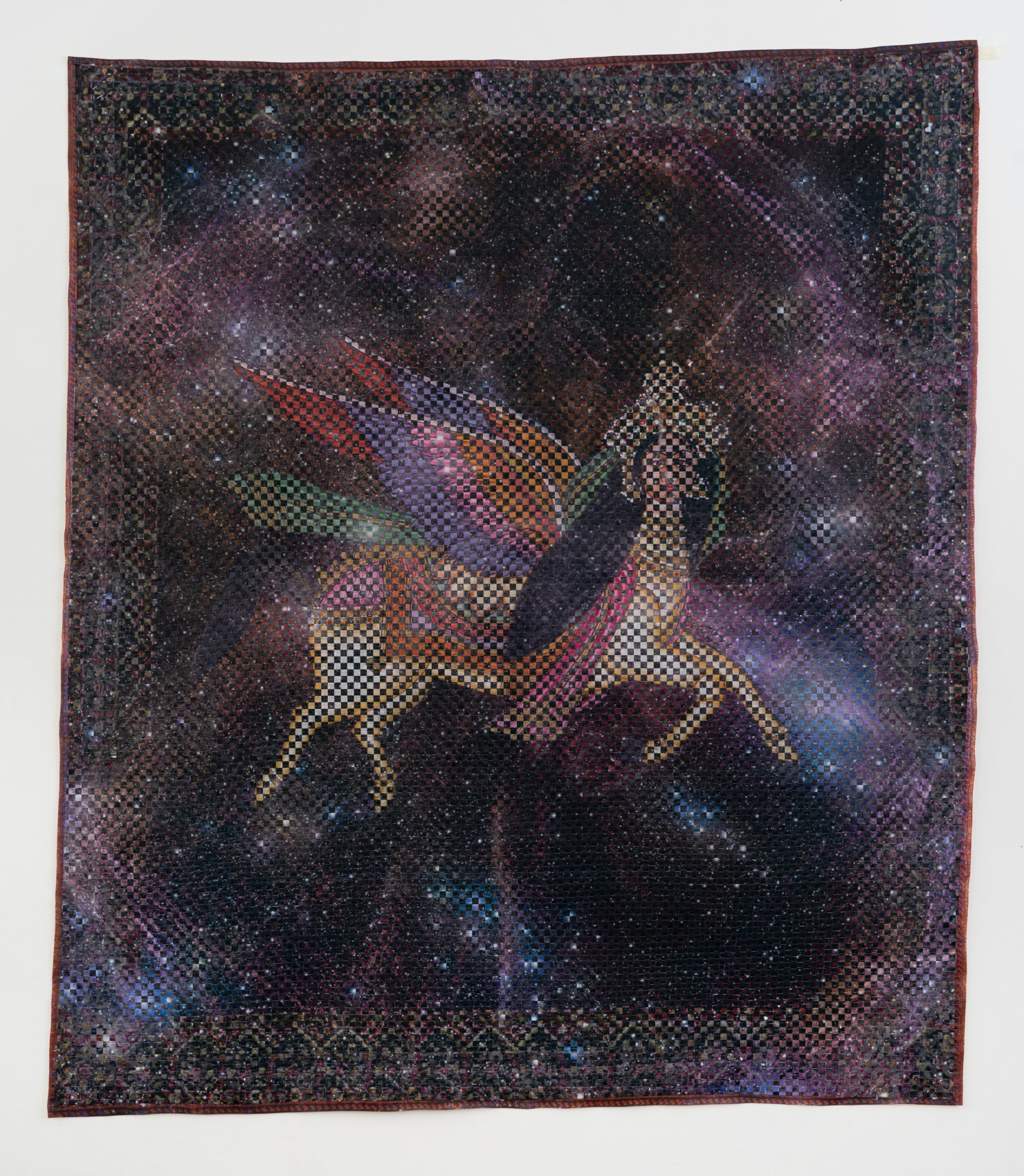 Woven paper artwork reminiscent of an oriental rug - central figure is a mythical horse with wings and a female human head