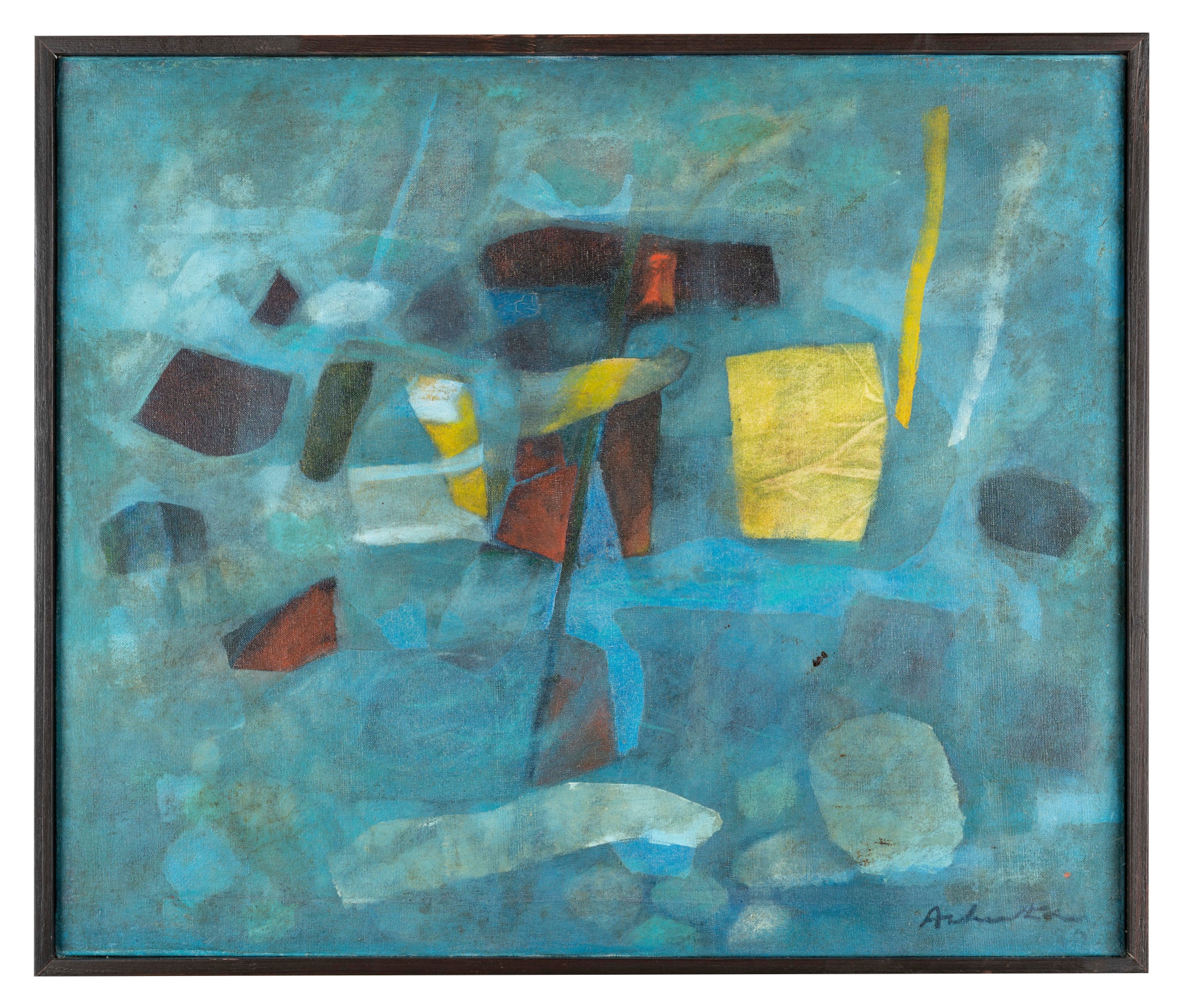 Abstract painting with blue background and complimenting shapes and colours overtop.