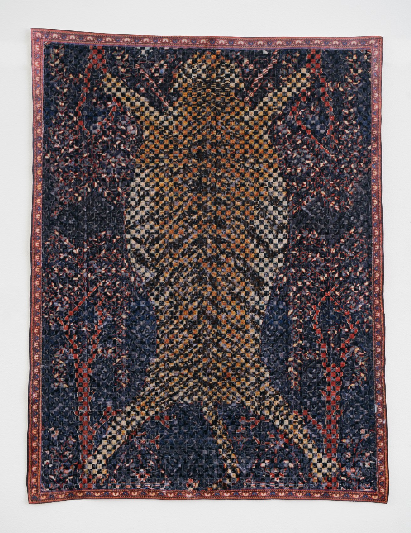 Woven paper artwork reminiscent of an oriental rug and stained glass windows