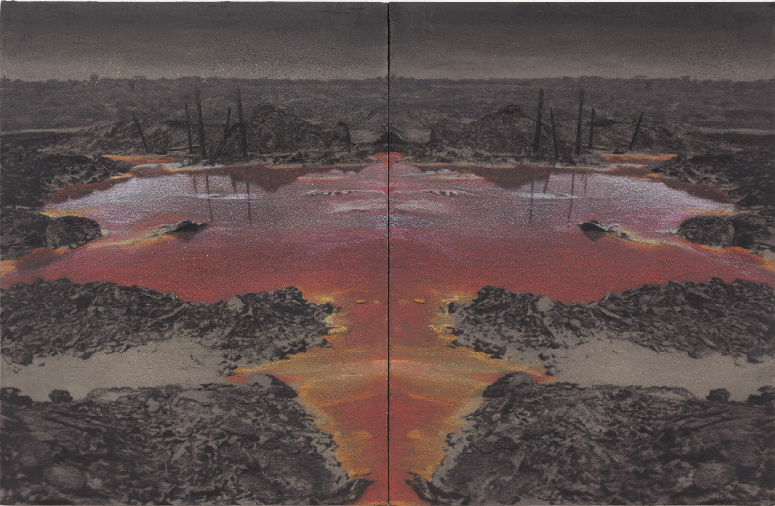 Saad Qureshi,&nbsp;Butterfly Effect,&nbsp;2018,&nbsp;Mixed media including wood, ash, black sand, charcoal, colored pencil on birch plywood, 25.6 x 39.4 in