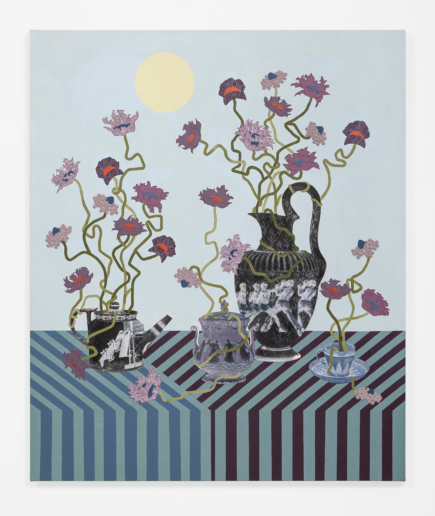 Still life with flowers and classical vessels reimagined as a surreal landscape