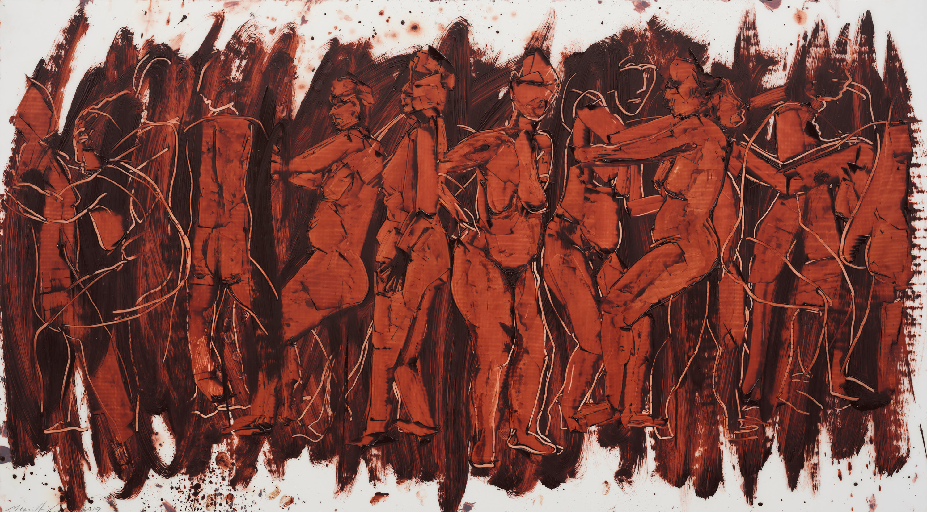 Mequitta Ahuja, Momentum,&nbsp;2020,&nbsp;Oil on polyester drafting film,&nbsp;20 x 36 in