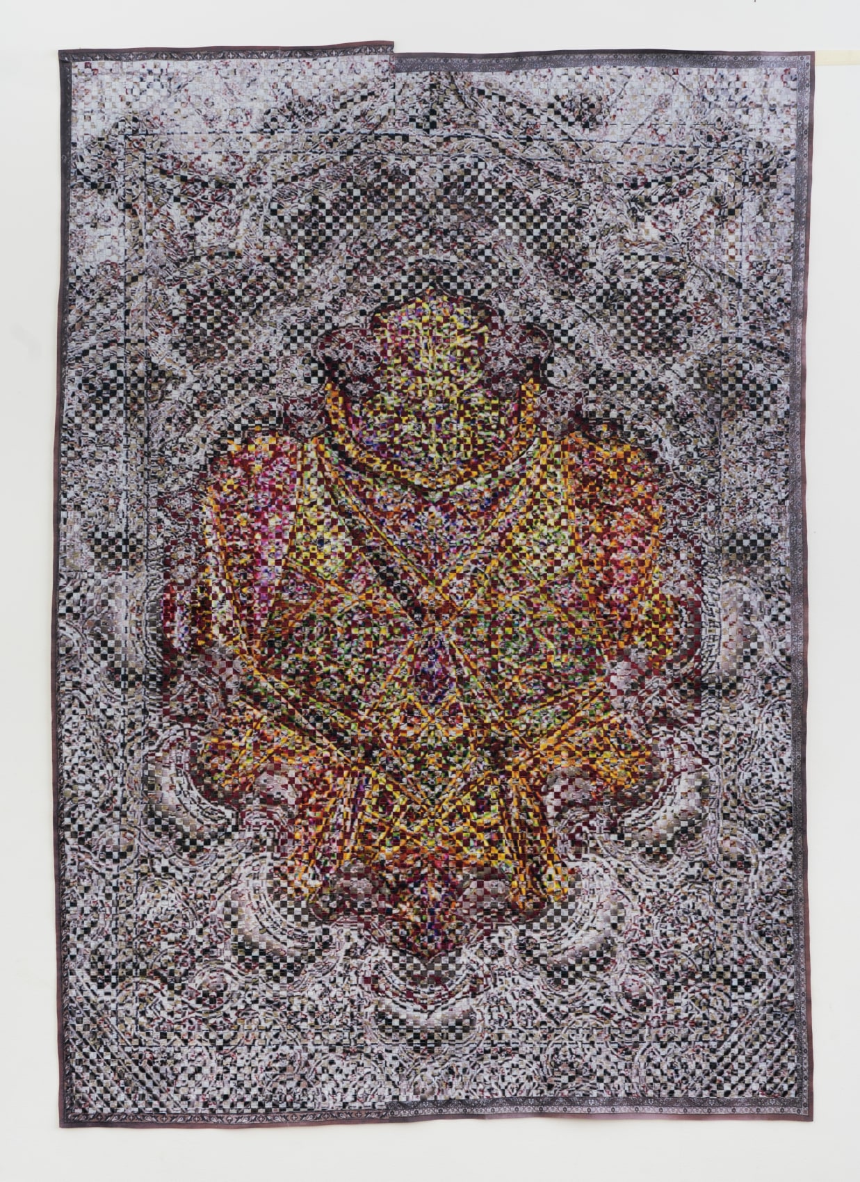 Woven paper artwork reminiscent of an oriental rug and stained glass windows