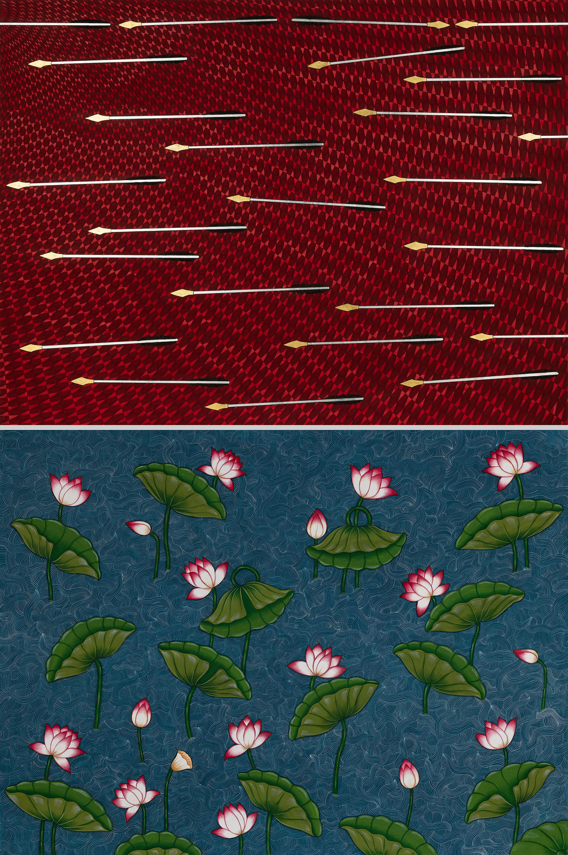 Diptych - top panel is flying arrows on red background, bottom panel is lotus flowers on swirling blue