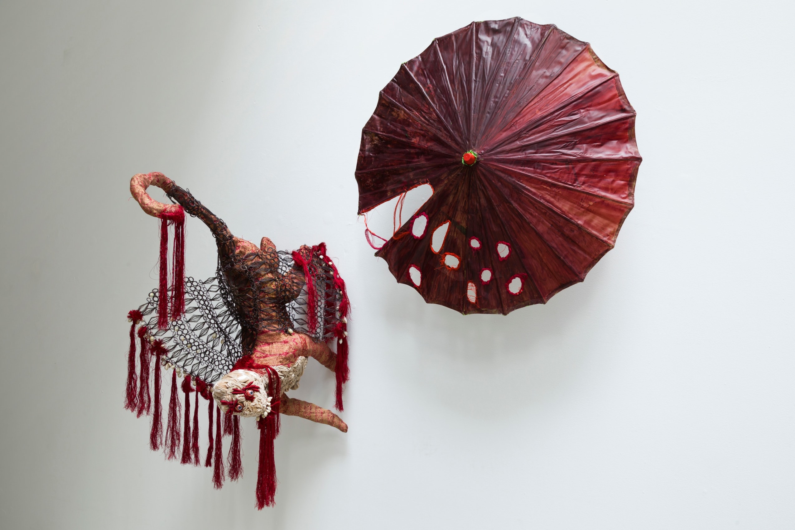 Rina Banerjee, Hanuman&#039;s flight is evolution&#039;s climb,&nbsp;2012,&nbsp;Silk velvet, glass beads, gold threads, silk threads, iron wire, glass, shells and Victorian doll eyes,&nbsp;55 x 55 x 27 in