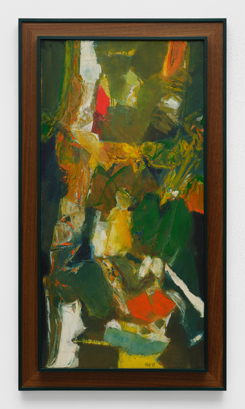 Abstract landscape painting in green, yellow and orange