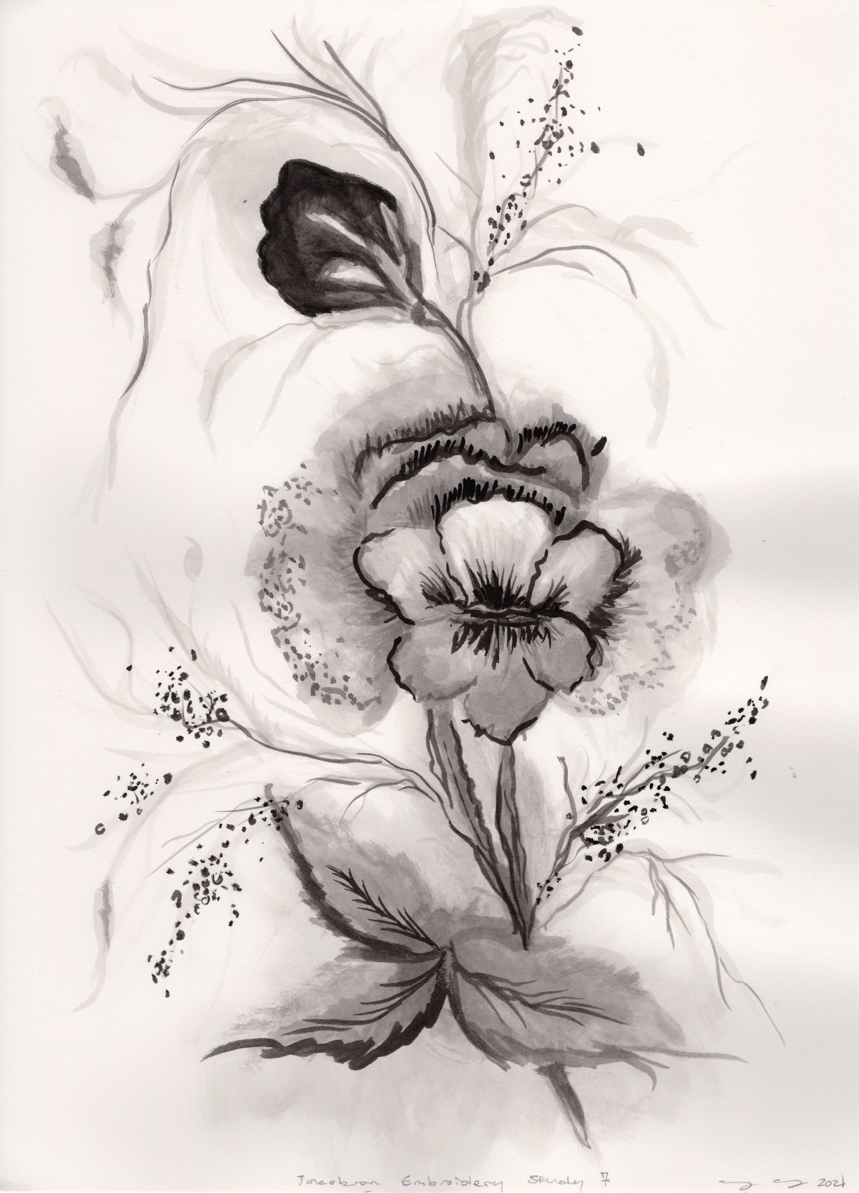 Max Colby, Jacobean Embroidery Study #7, 2021,&nbsp;Ink on Arches paper, approx. 13 x 10 in (33.02 x 25.4 cm)