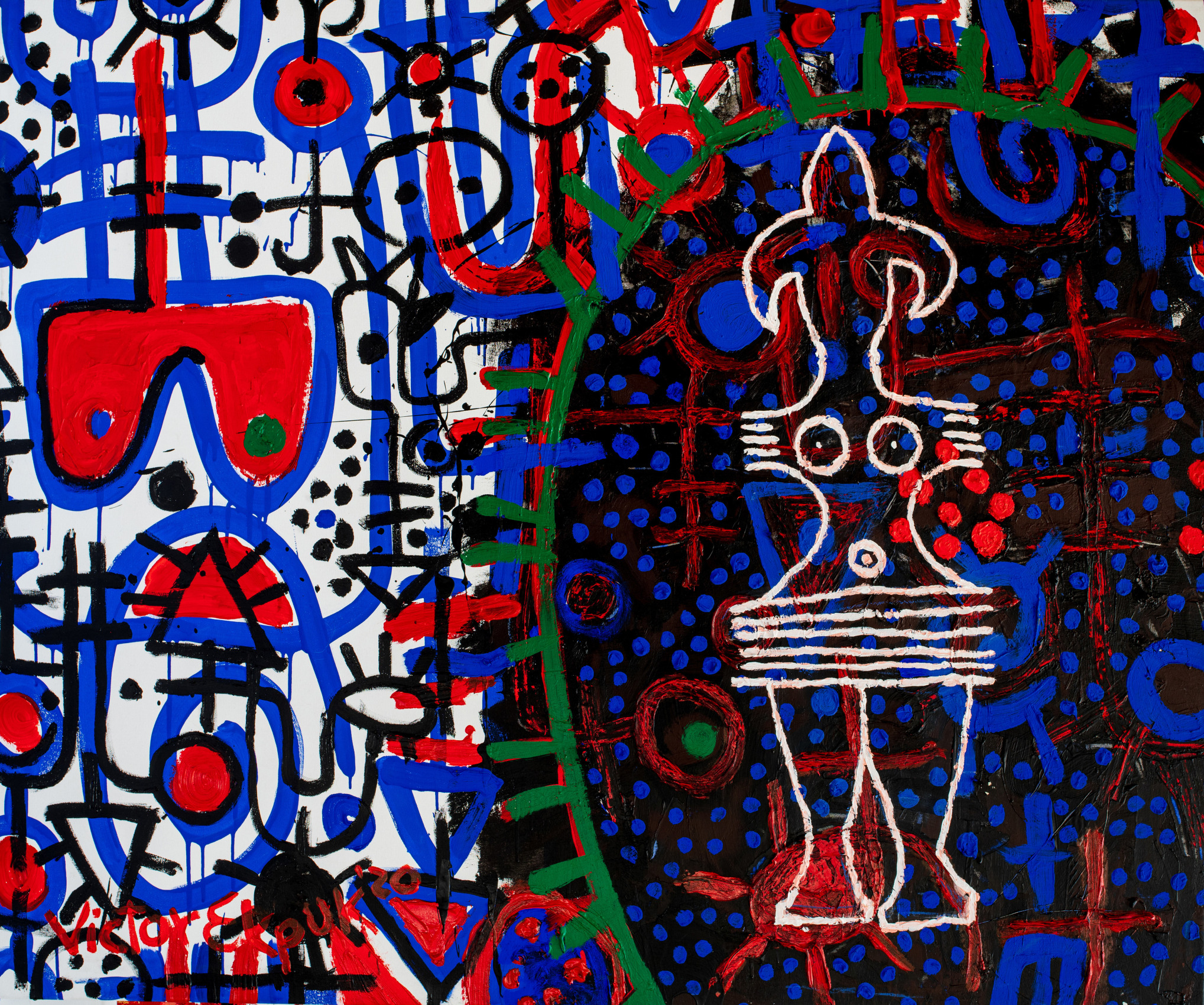 Victor Ekpuk,&nbsp;Girl Dancing in a Circle, 2020, Acrylic, found fabric, collage on BFK paper, 50.5 x 60.5 in (128.27 x 153.67 cm)