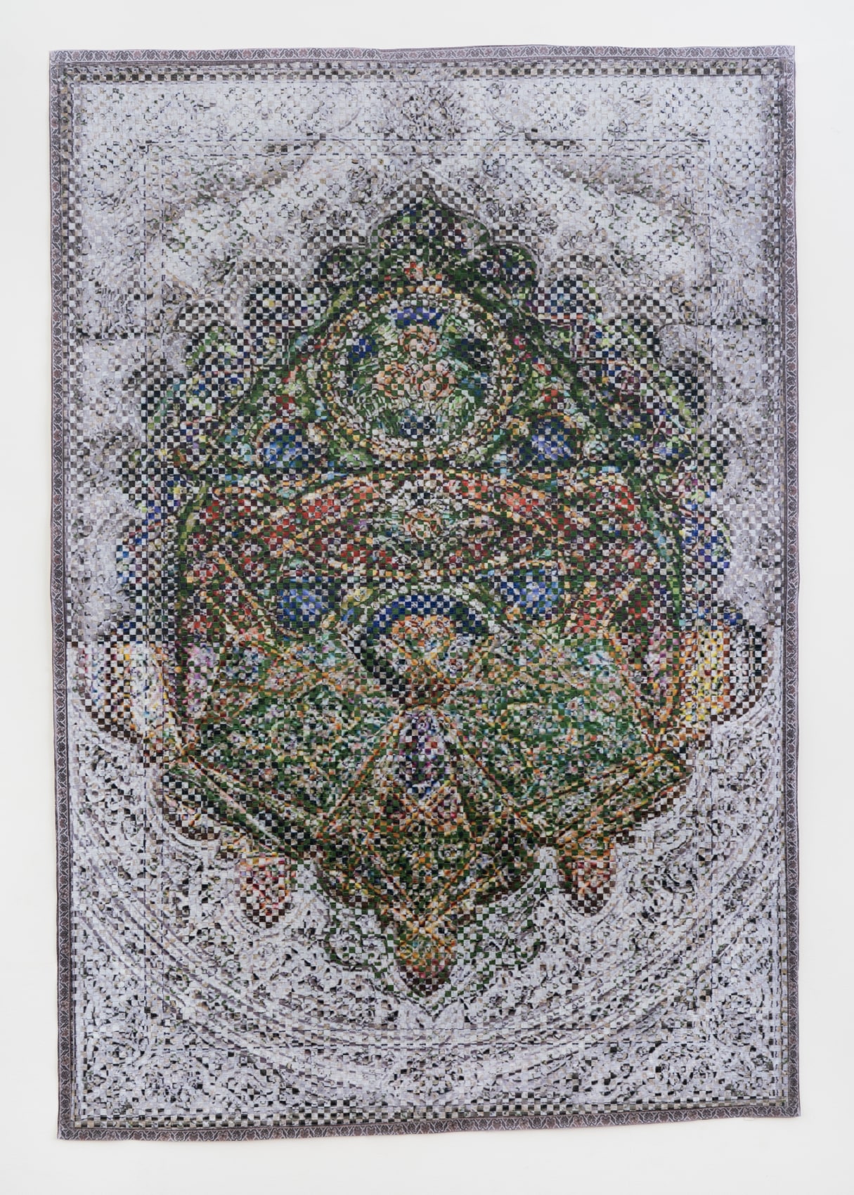 Woven paper artwork that combines two arches and stain glassed windows to create a new abstract image