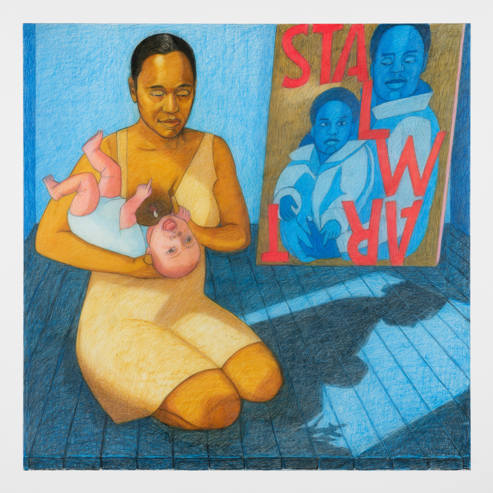 Portrait of the artist breastfeeding her baby in front of an earlier painting entitled Stalwart.