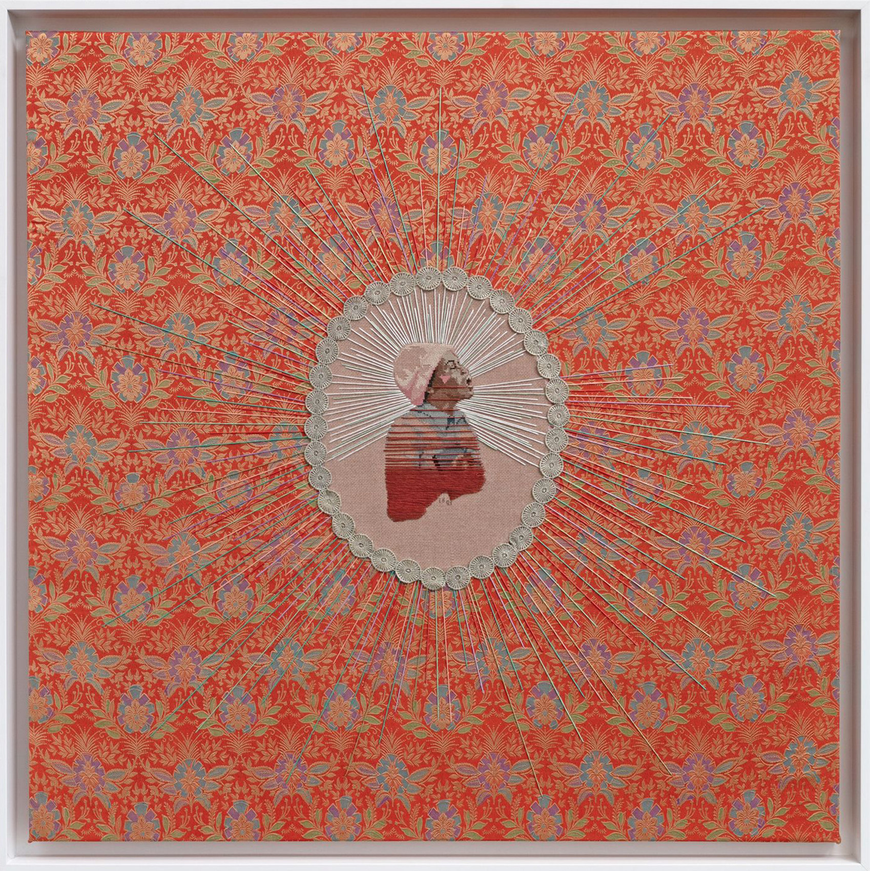 Suchitra Mattai,&nbsp;An American chorus,&nbsp;2020,&nbsp;Vinatge sari and needlepoint,&nbsp;32 x 32 in