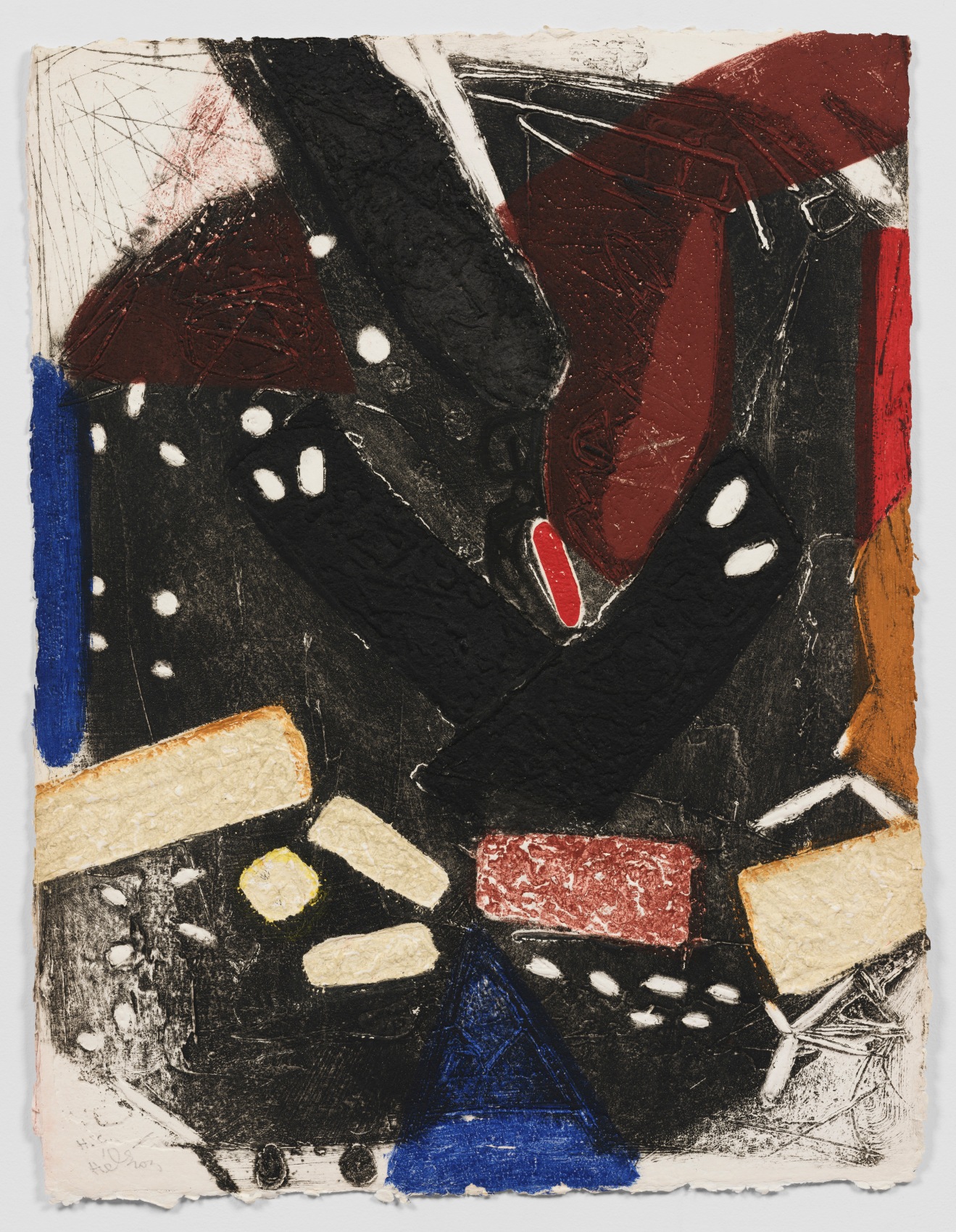 A highly textured abstract-figurative print