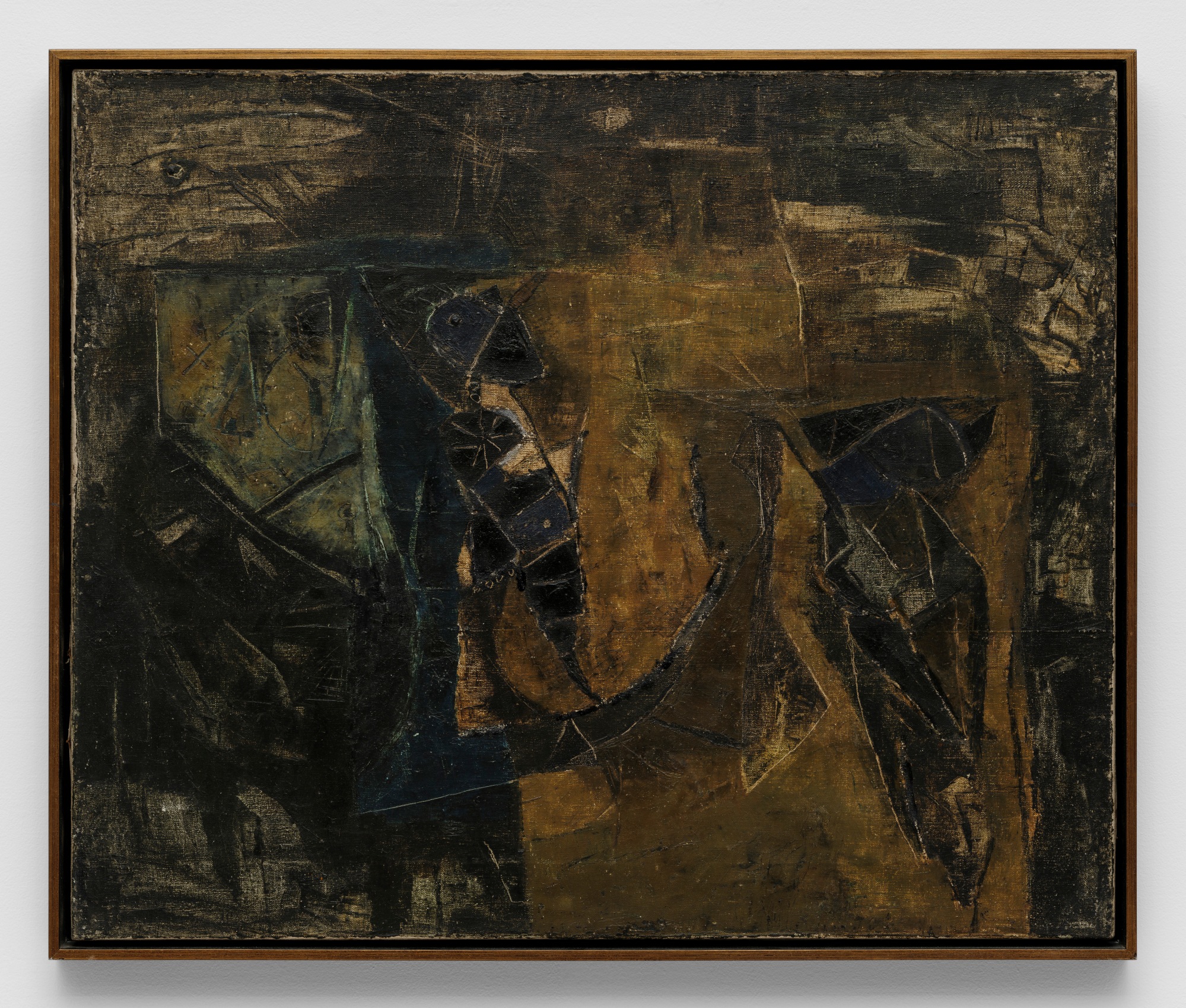 Abstract painting in browns and dark greens