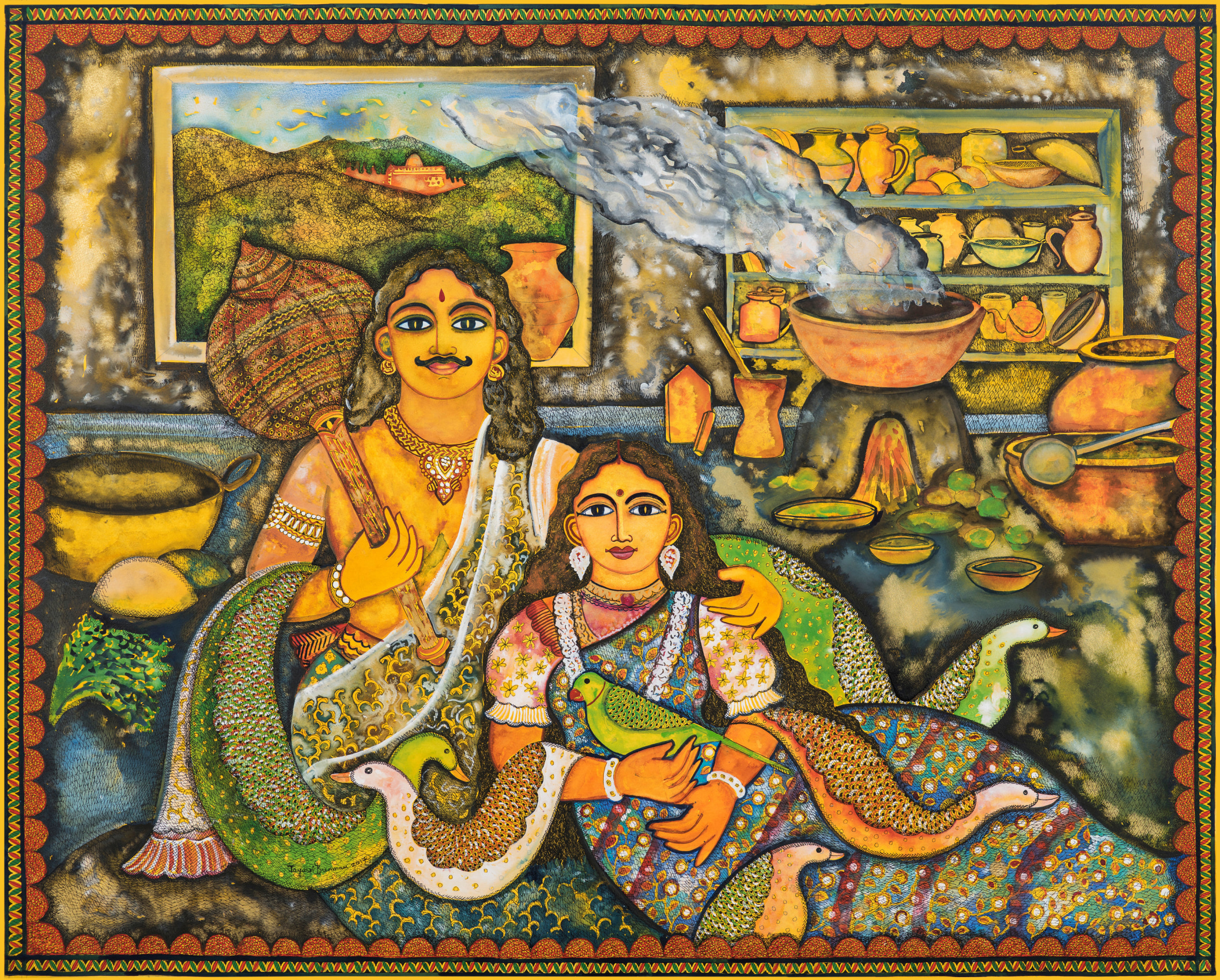 Jayasri Burman, Draupadi and Bhim, 2017, Watercolor, pen and ink on paper, 48 x 60 in