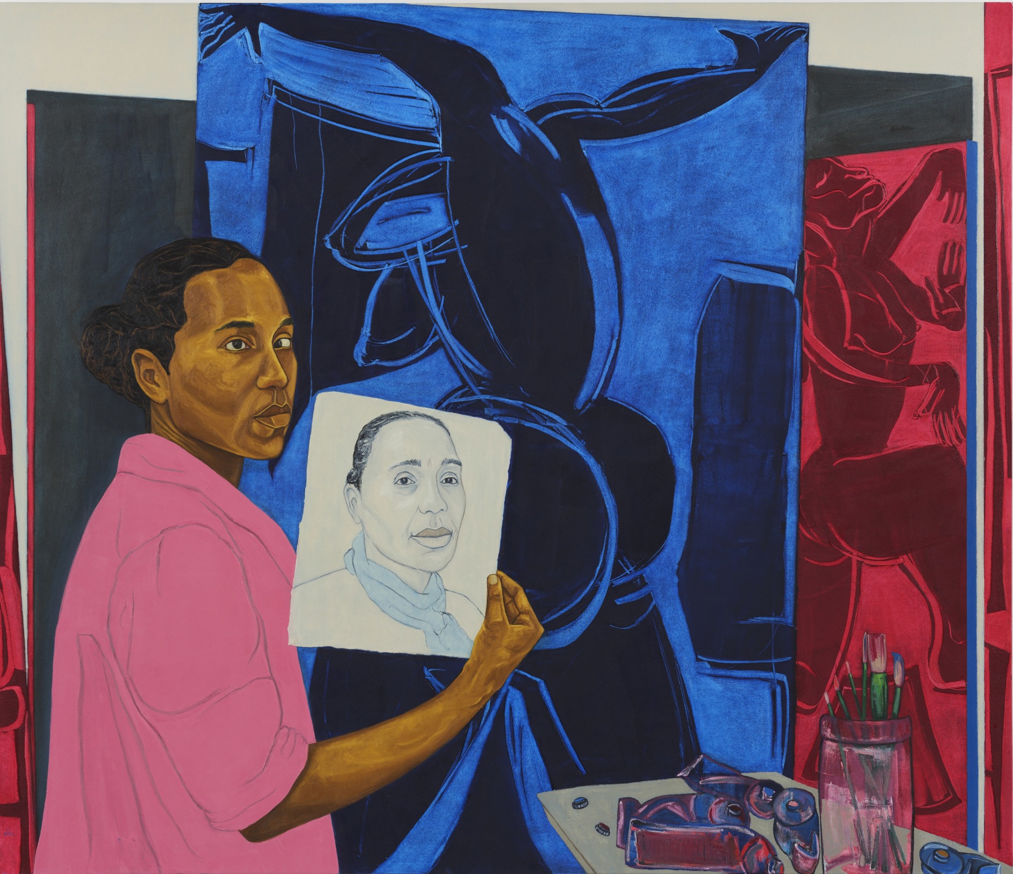 Portrait of the artist with a portrait of her mother