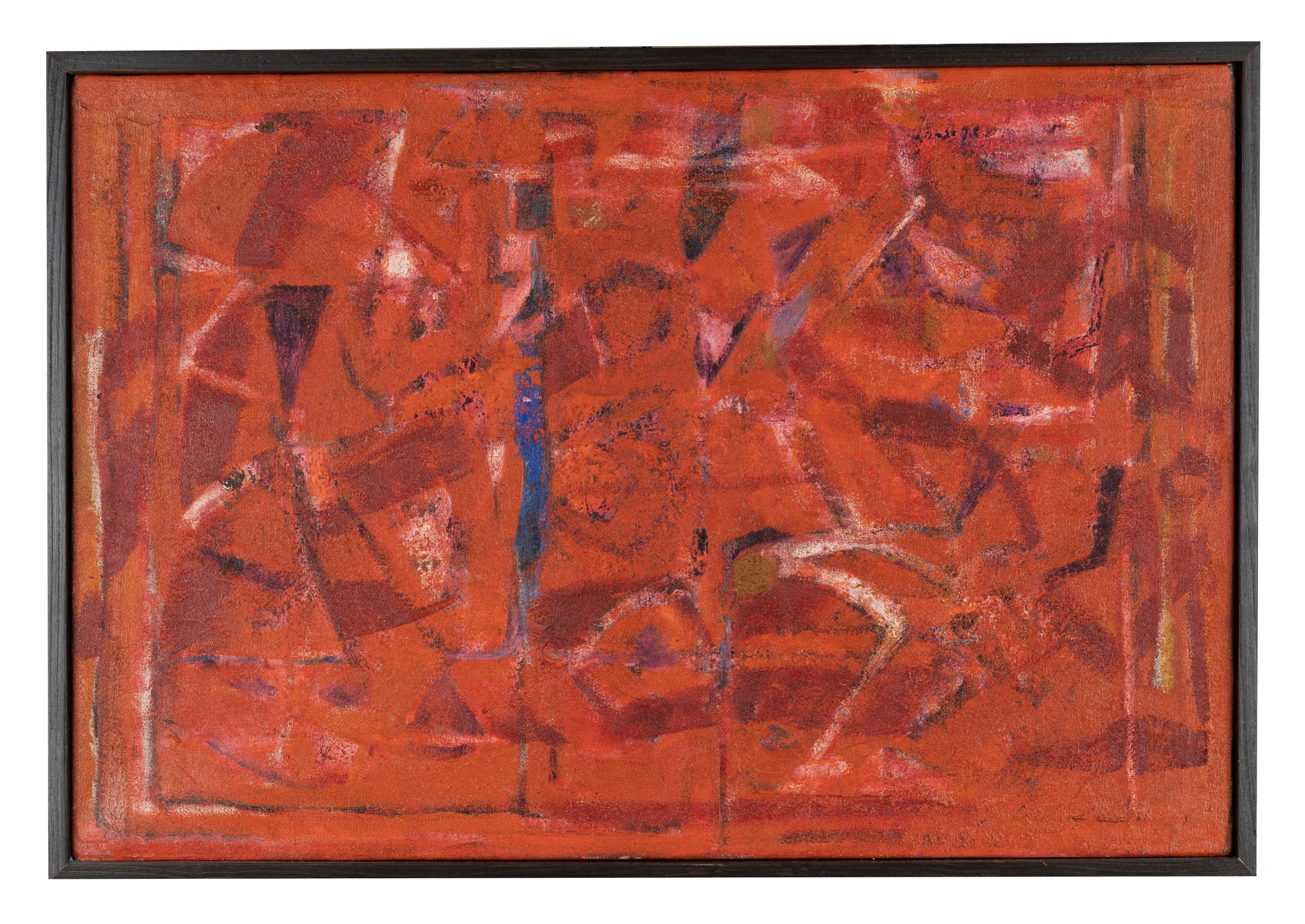 Abstract painting with red background and complimenting shapes and colours overtop.